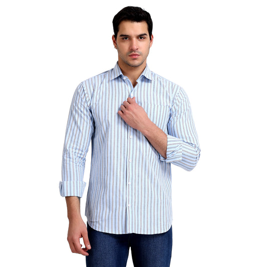 Sky Blue Colored Striped Cotton Shirt