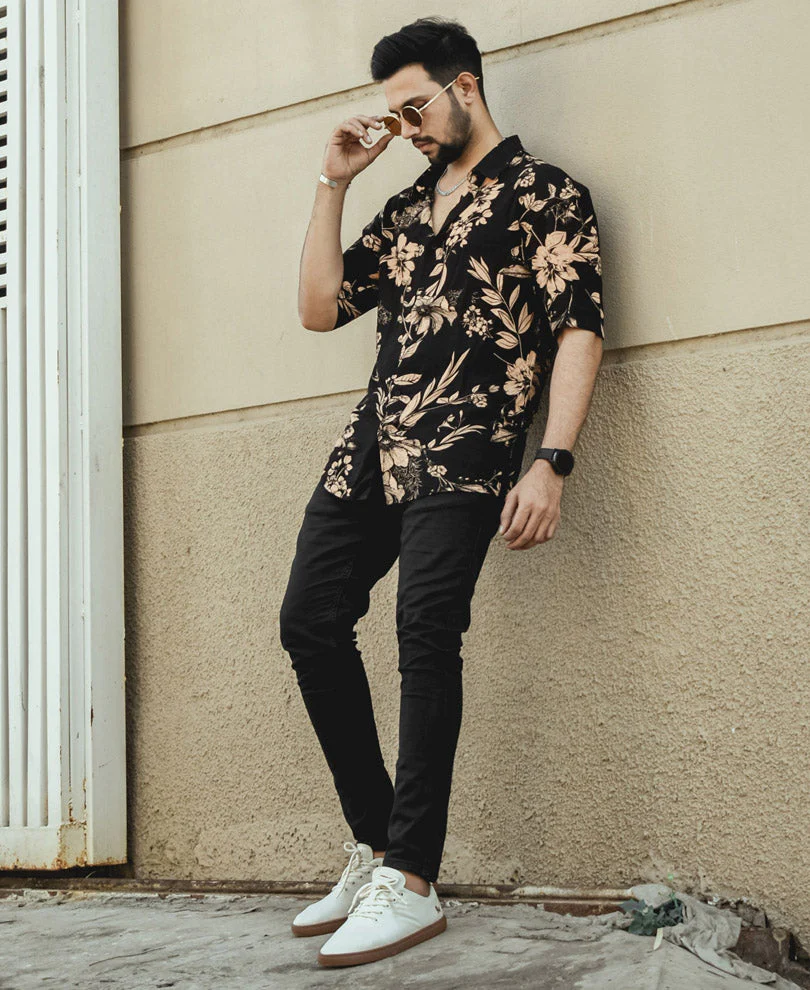 Black Colored Floral Printed Rayon Shirt