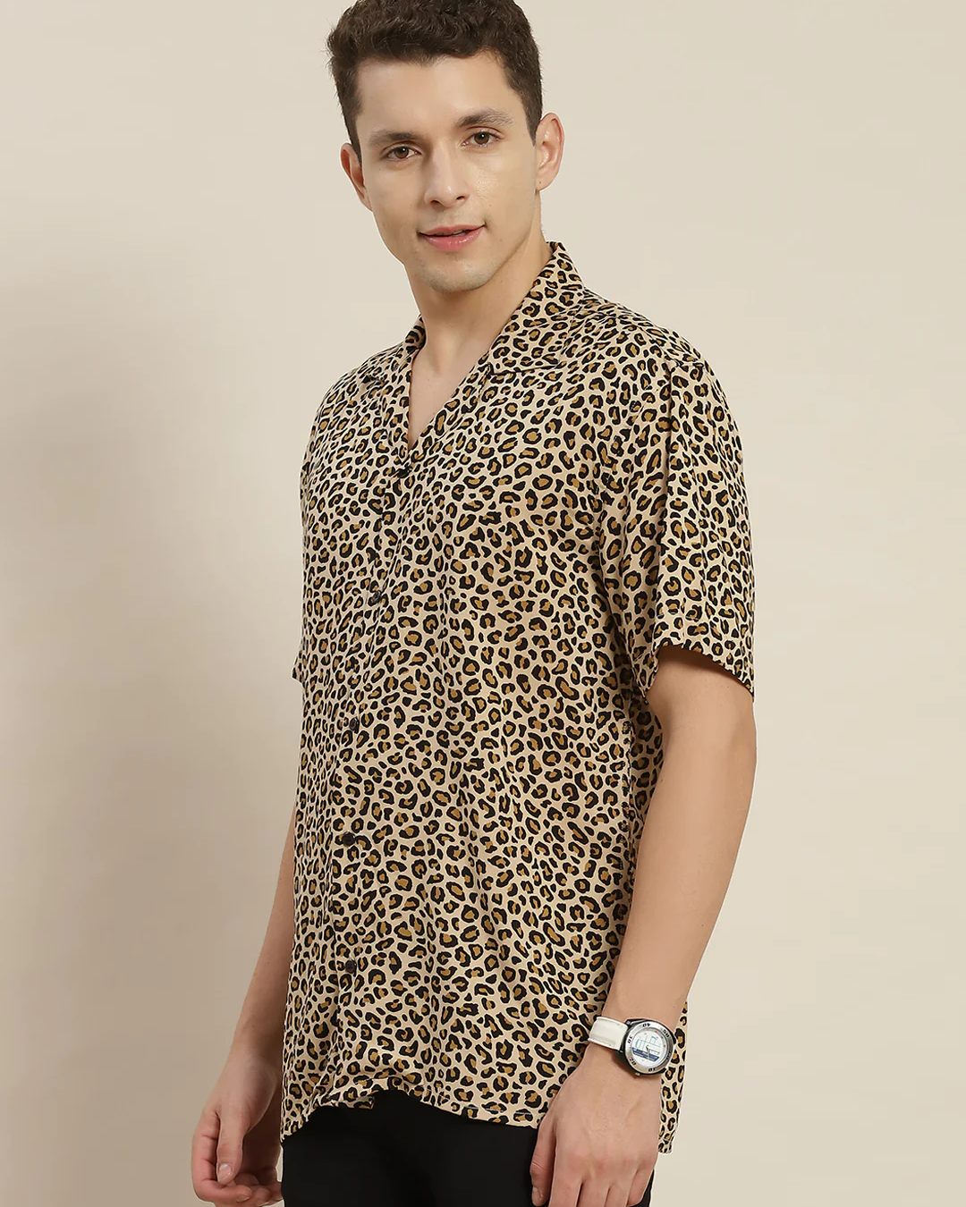 Beige & Black Colored Leopard Printed Shirt