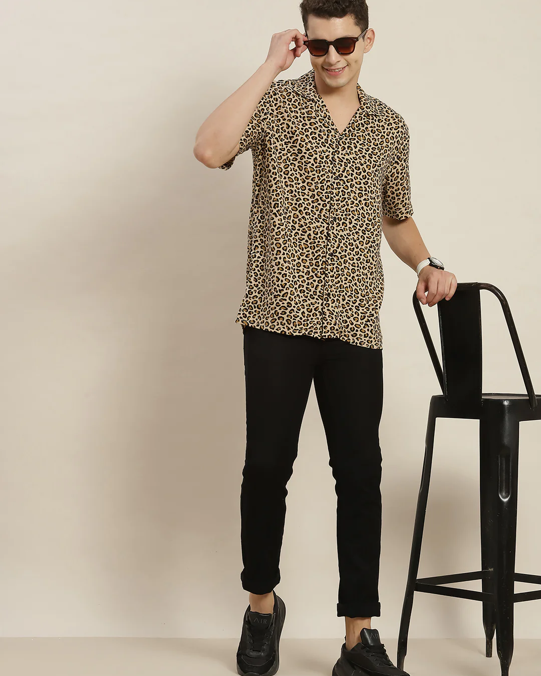 Beige & Black Colored Leopard Printed Shirt