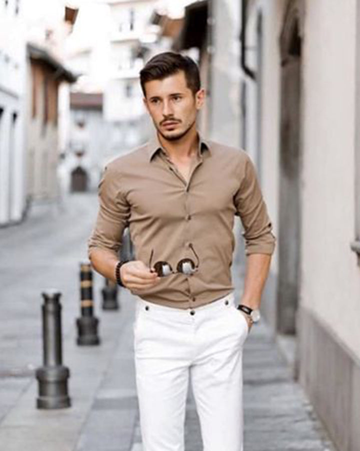 Tailored Fit Khaki Colored Cotton Shirt