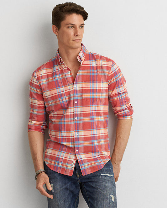 Orange Checked Cotton Full Sleeve Shirt