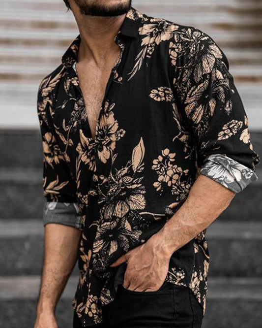 Tropical Floral Print Black Rayon Shirt