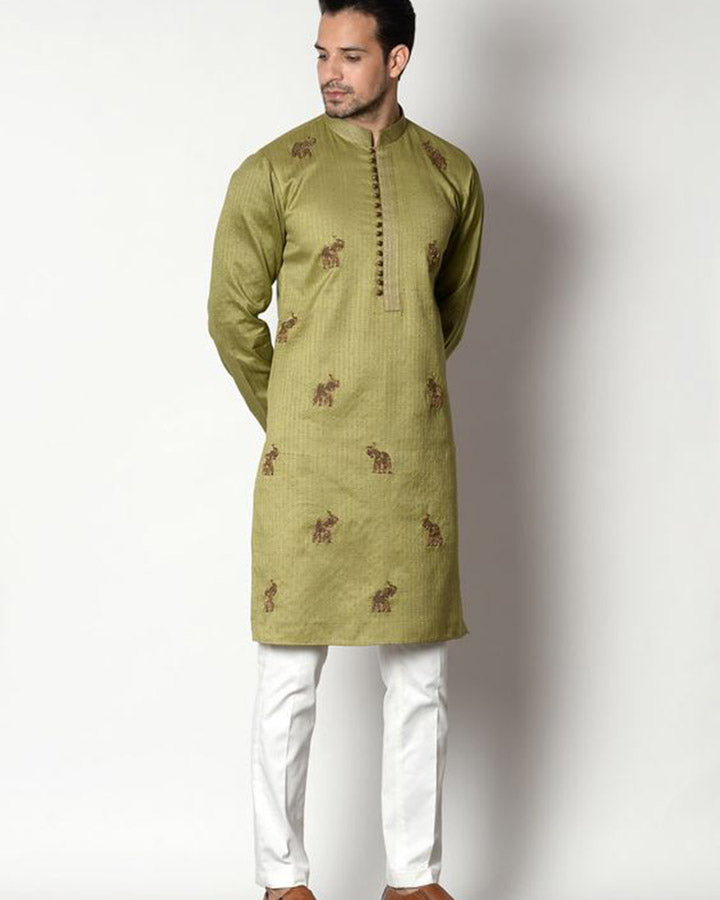 Mehendi Green Colored Cotton Ethnic Kurta