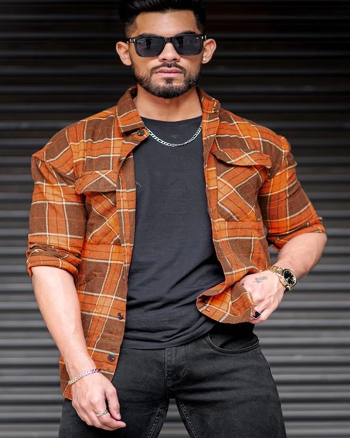 Rust color rayon checkered printed shirt