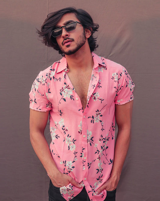 Pink Colored Floral Printed Half Sleeve Shirt