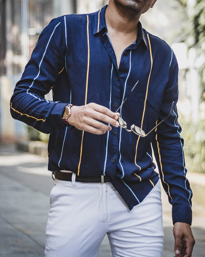 Navy Blue Colored Cotton Striped Shirt