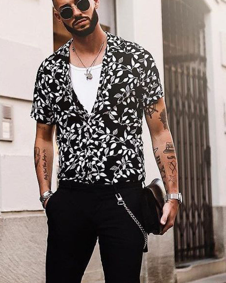 Black Color Leaf Printed Half Sleeve Shirt