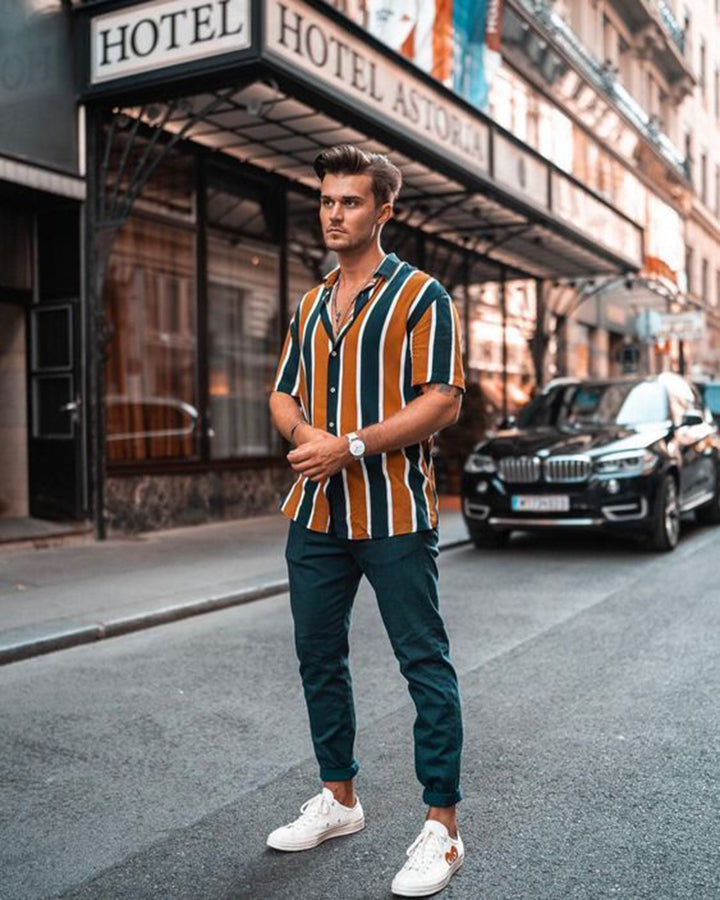 Yellow & Blue Colored Striped Half Sleeve Shirt