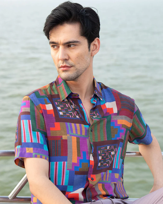 Multicolored Geometric Print Half Sleeve Shirt