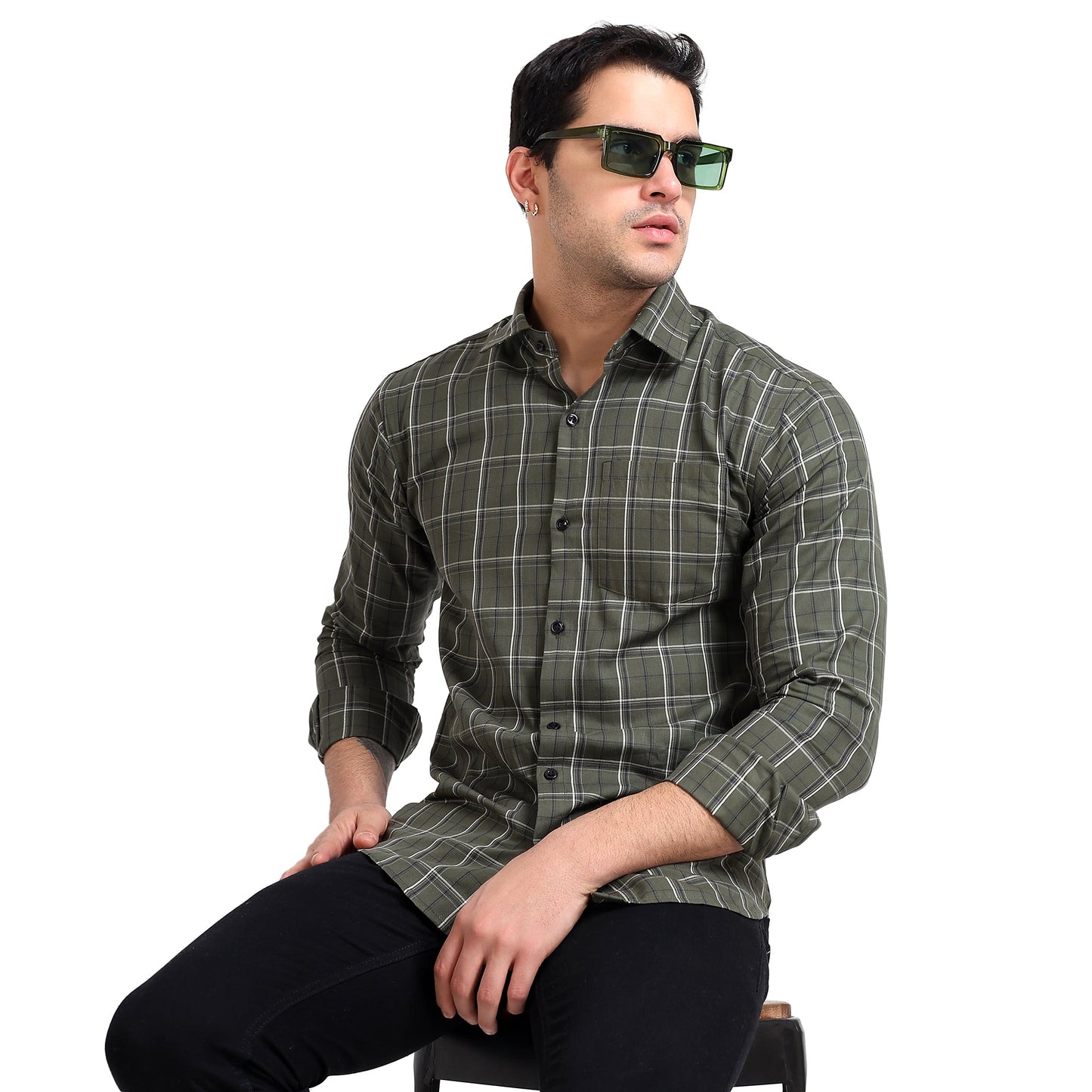 Olive Green Colored Cotton Checkered Shirt