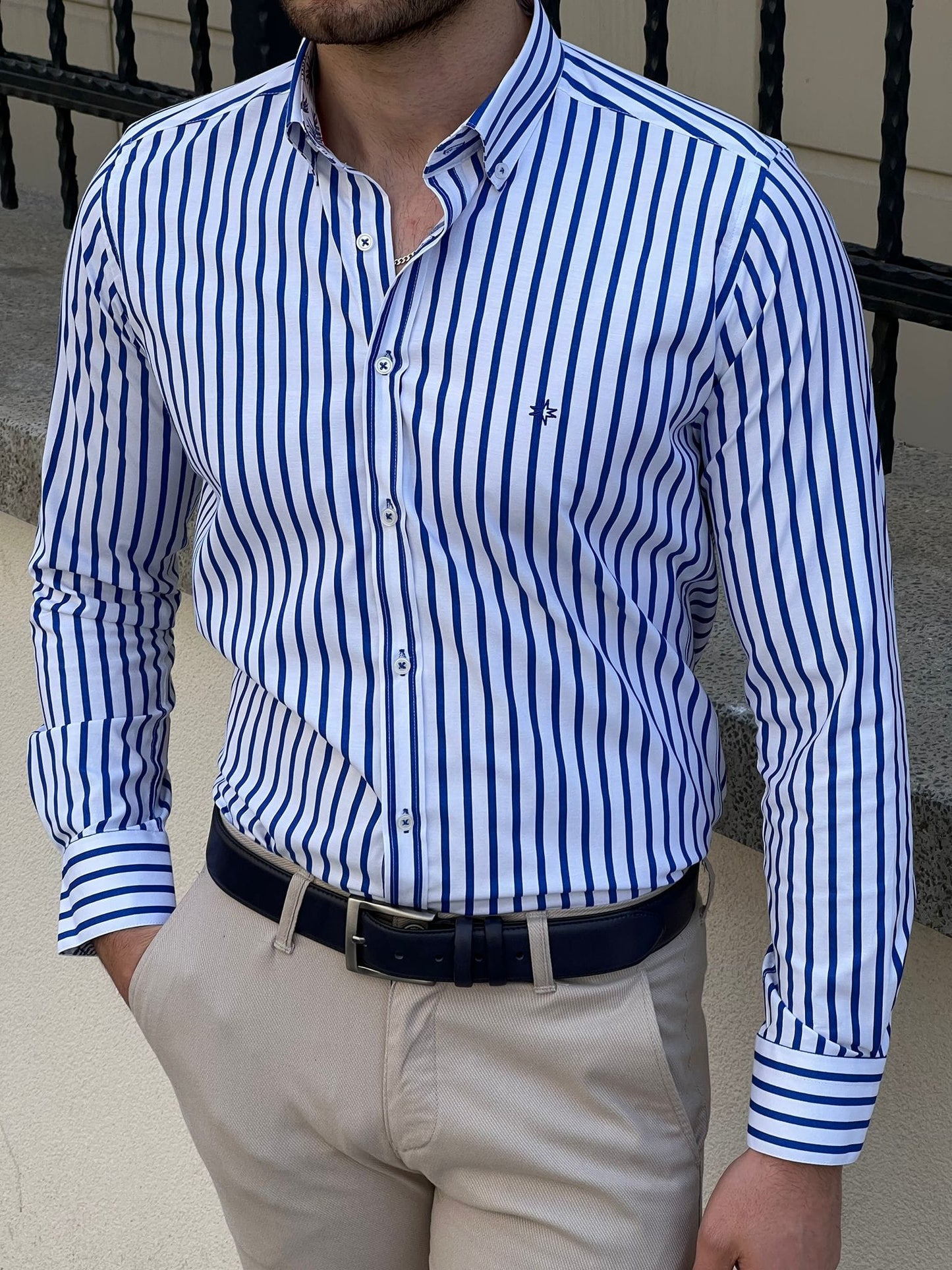 Formal Blue Colored Cotton Striped Shirt