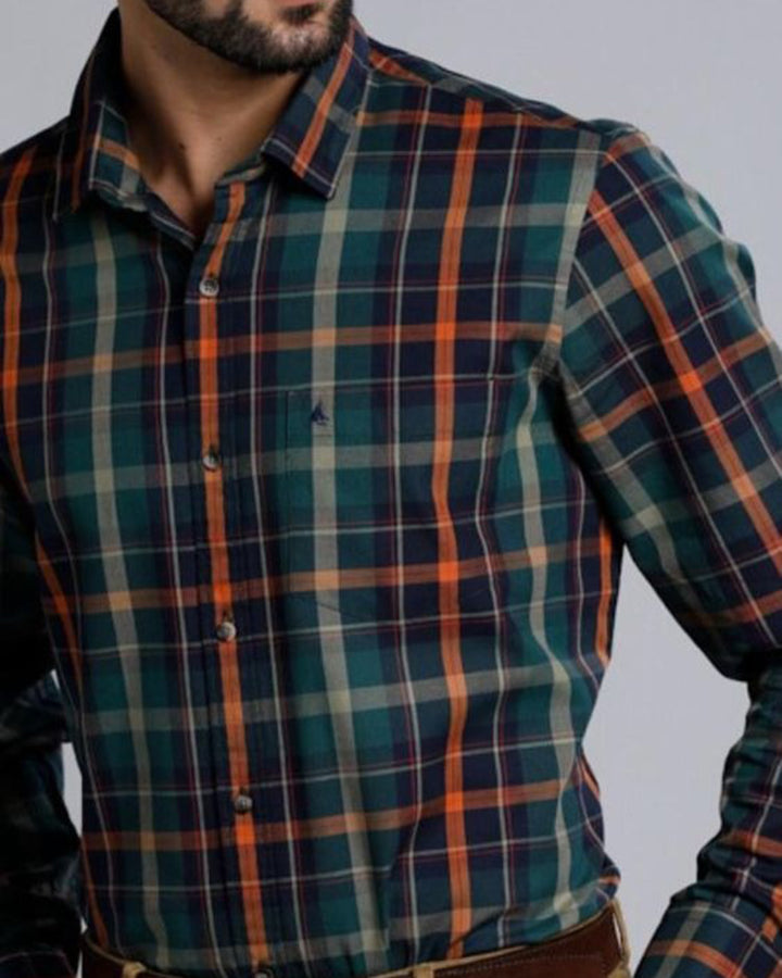 Dark Green Checks Print Cotton Shirt